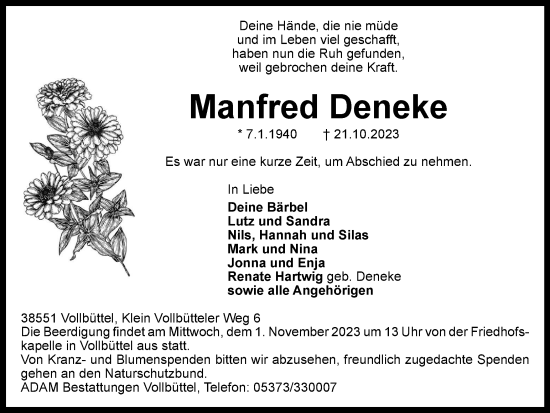 Traueranzeige von Manfred Deneke von Braunschweiger Zeitung