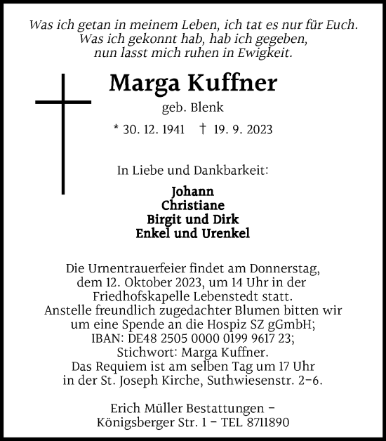 Traueranzeige von Marga Kuffner von Salzgitter-Zeitung