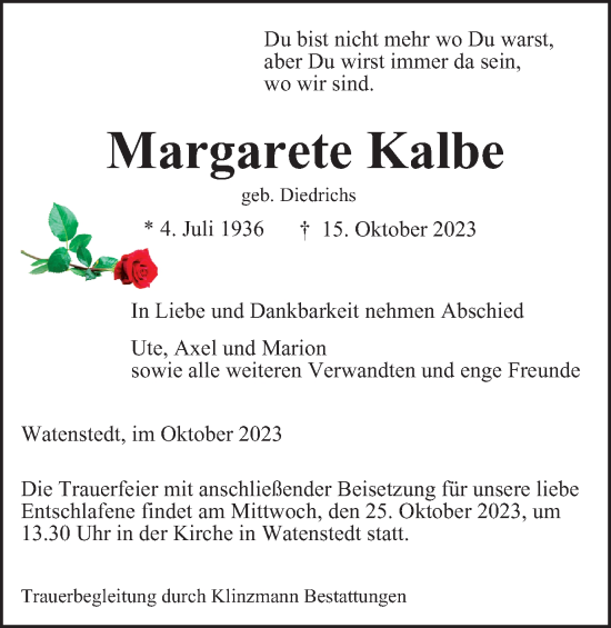 Traueranzeige von Margarete Kalbe von Helmstedter Nachrichten