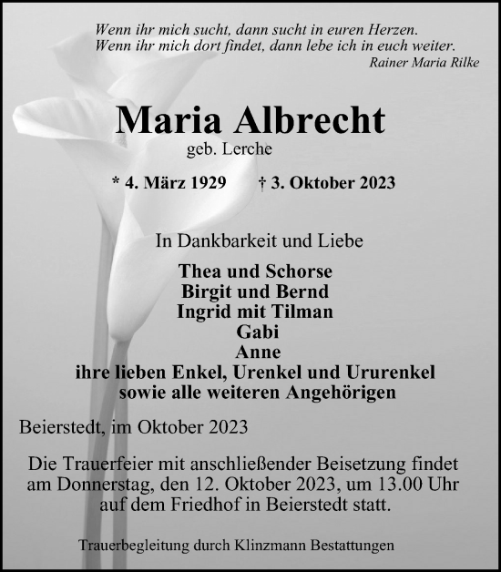 Traueranzeige von Maria Albrecht von Helmstedter Nachrichten