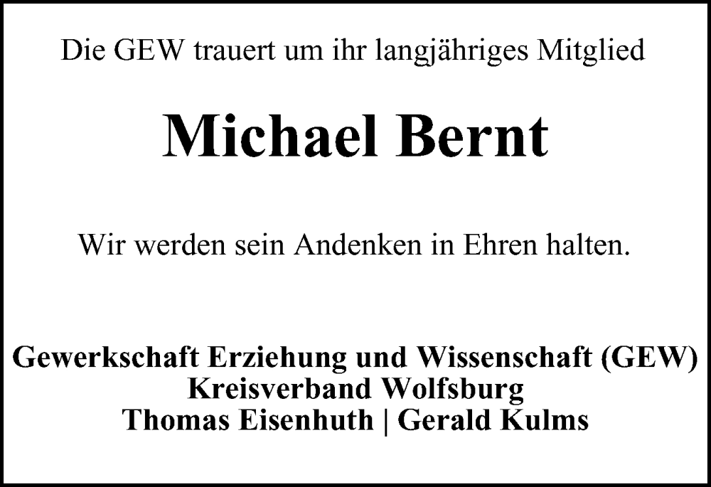  Traueranzeige für Michael Bernt vom 27.10.2023 aus Wolfsburger Nachrichten