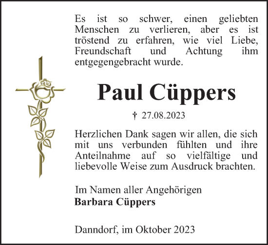 Traueranzeige von Paul Cüppers von Wolfsburger Nachrichten