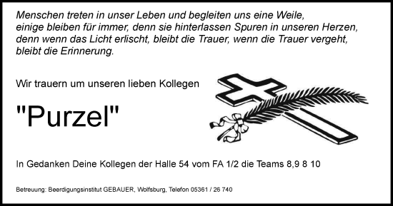 Traueranzeige von Purzel  von Wolfsburger Nachrichten