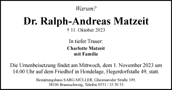 Traueranzeige von Ralph-Andreas Matzeit von Braunschweiger Zeitung