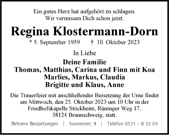 Traueranzeige von Regina Klostermann-Dorn von Braunschweiger Zeitung