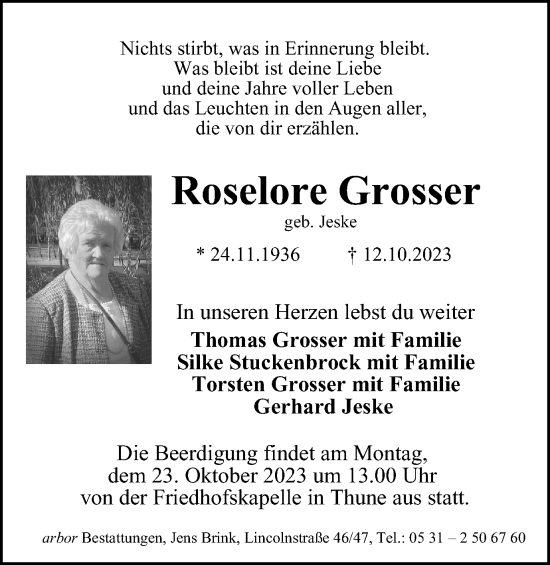 Traueranzeige von Roselore Grosser von Braunschweiger Zeitung