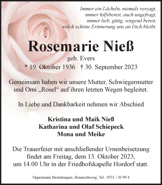 Traueranzeige von Rosemarie Nieß von Wolfenbütteler Zeitung