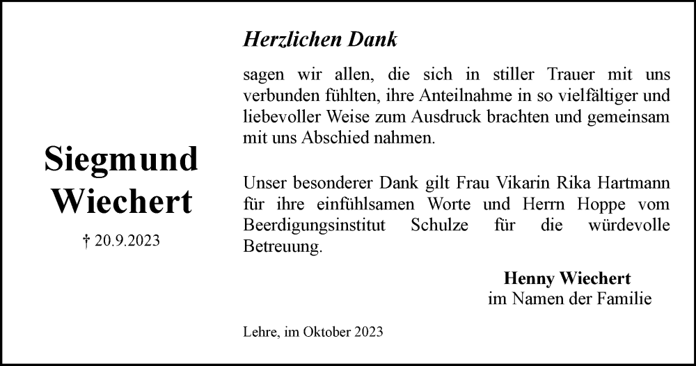  Traueranzeige für Siegmund Wiechert vom 14.10.2023 aus Braunschweiger Zeitung