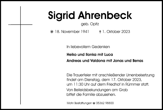 Traueranzeige von Sigrid Ahrenbeck von Wolfsburger Nachrichten