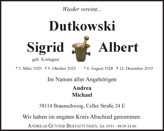 Traueranzeige von Sigrid und Albert Dutkowski von Braunschweiger Zeitung