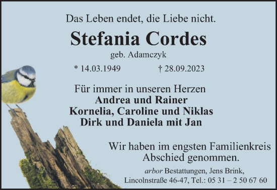 Traueranzeige von Stefania Cordes von Braunschweiger Zeitung