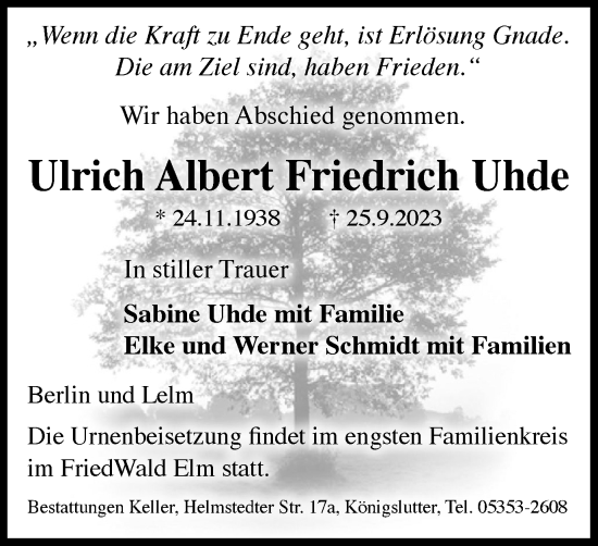 Traueranzeige von Ulrich Albert Friedrich Uhde von Wolfsburger Nachrichten