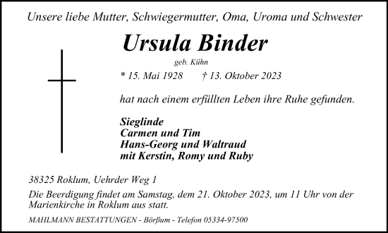 Traueranzeige von Ursula Binder von Wolfenbütteler Zeitung