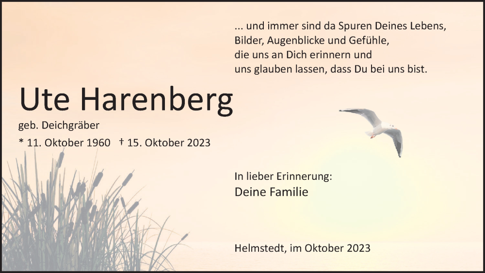  Traueranzeige für Ute Harenberg vom 28.10.2023 aus Helmstedter Nachrichten
