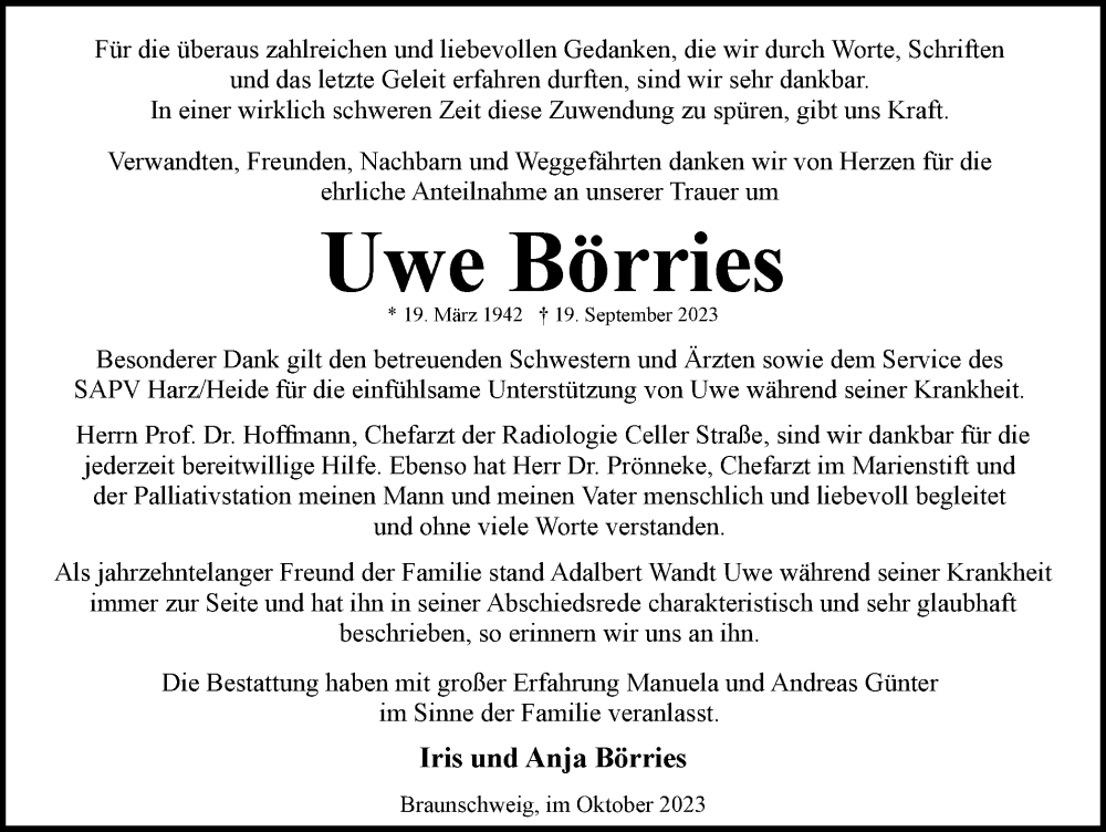  Traueranzeige für Uwe Börries vom 14.10.2023 aus Braunschweiger Zeitung