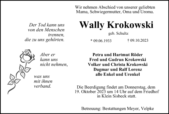 Traueranzeige von Wally Krokowski von Helmstedter Nachrichten