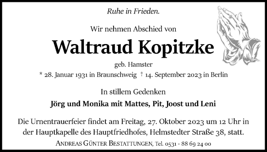 Traueranzeige von Waltraud Kopitzke von Braunschweiger Zeitung