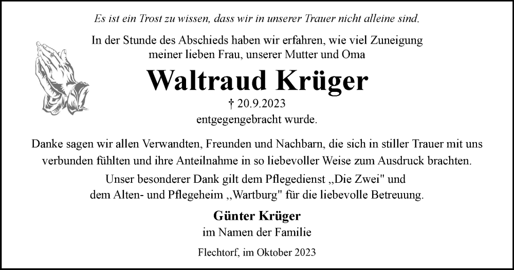  Traueranzeige für Waltraud Krüger vom 07.10.2023 aus Helmstedter Nachrichten