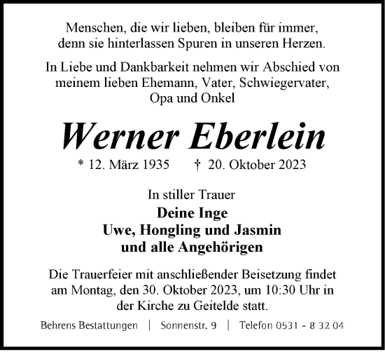 Traueranzeige von Werner Eberlein von Braunschweiger Zeitung