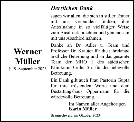 Traueranzeige von Werner Müller von Braunschweiger Zeitung