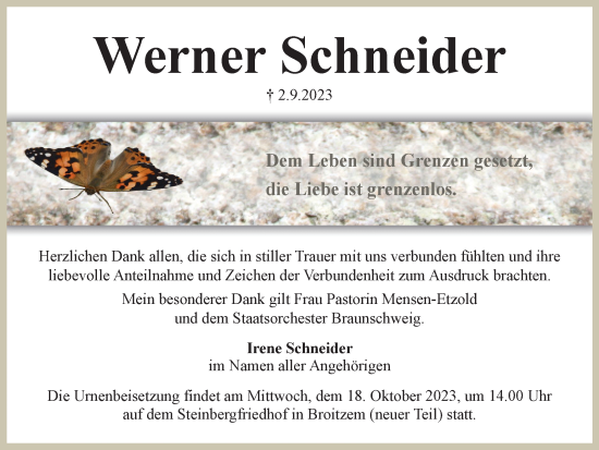 Traueranzeige von Werner Schneider von Braunschweiger Zeitung