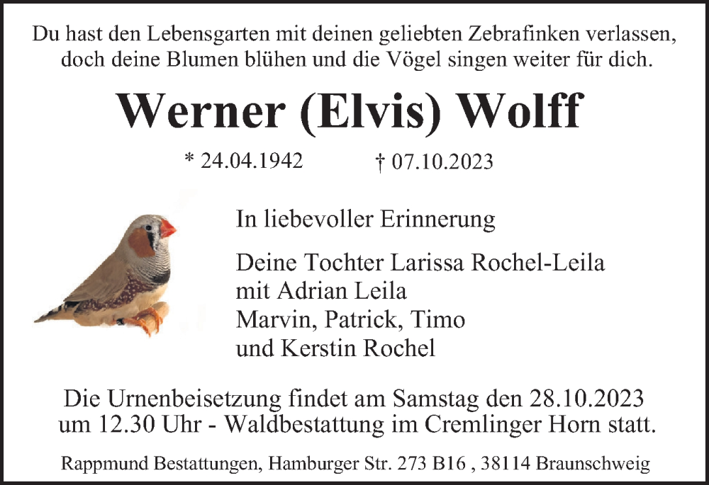  Traueranzeige für Werner Wolff vom 14.10.2023 aus Braunschweiger Zeitung