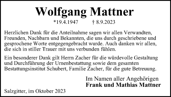 Traueranzeige von Wolfgang Mattner von Salzgitter-Zeitung