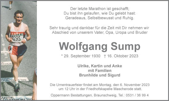 Traueranzeige von Wolfgang Sump von Braunschweiger Zeitung