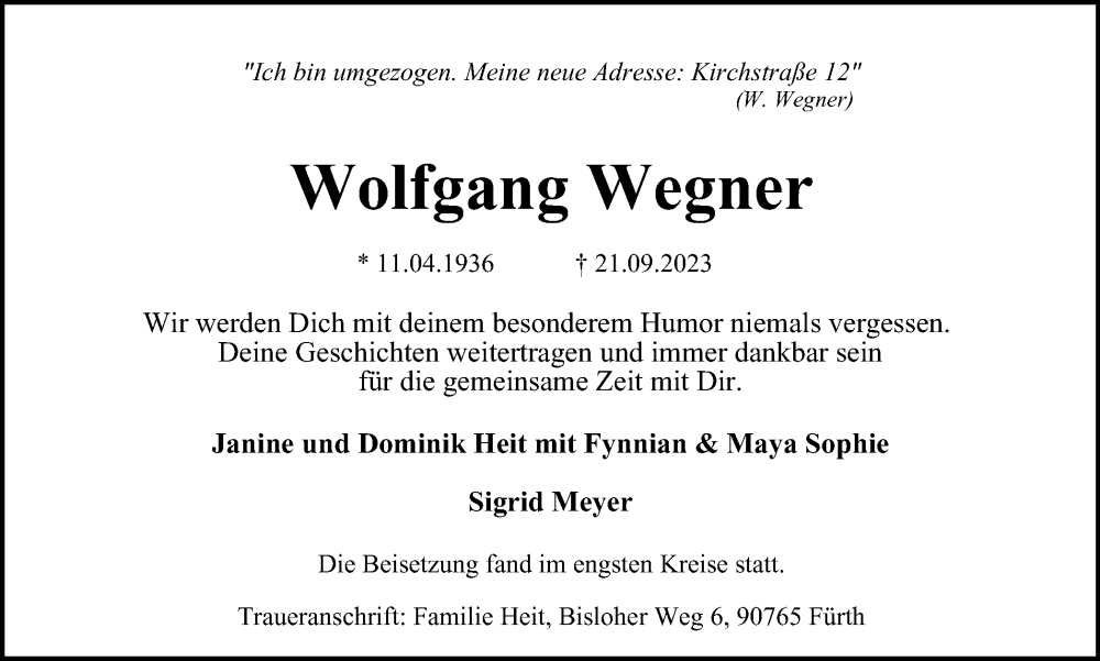  Traueranzeige für Wolfgang Wegner vom 14.10.2023 aus Braunschweiger Zeitung