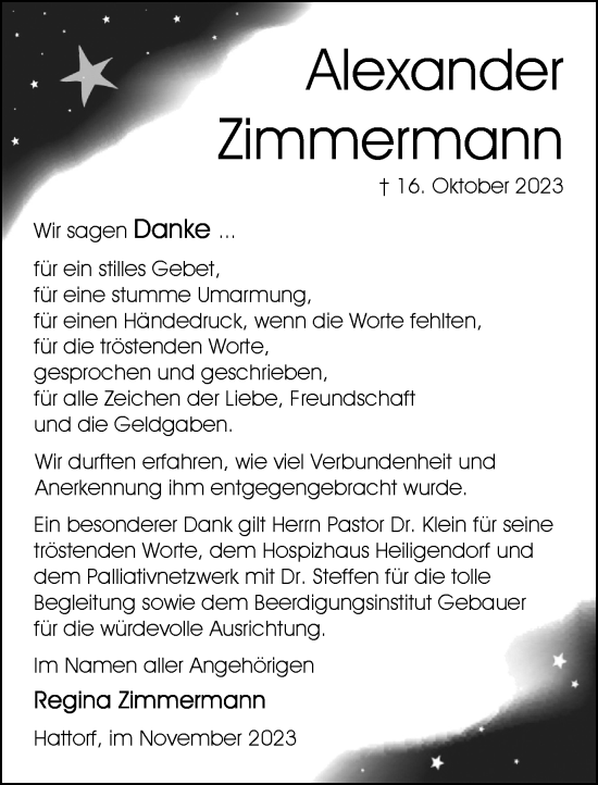 Traueranzeige von Alexander Zimmermann von Wolfsburger Nachrichten