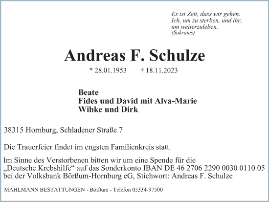 Traueranzeige von Andreas F. Schulze von Braunschweiger Zeitung