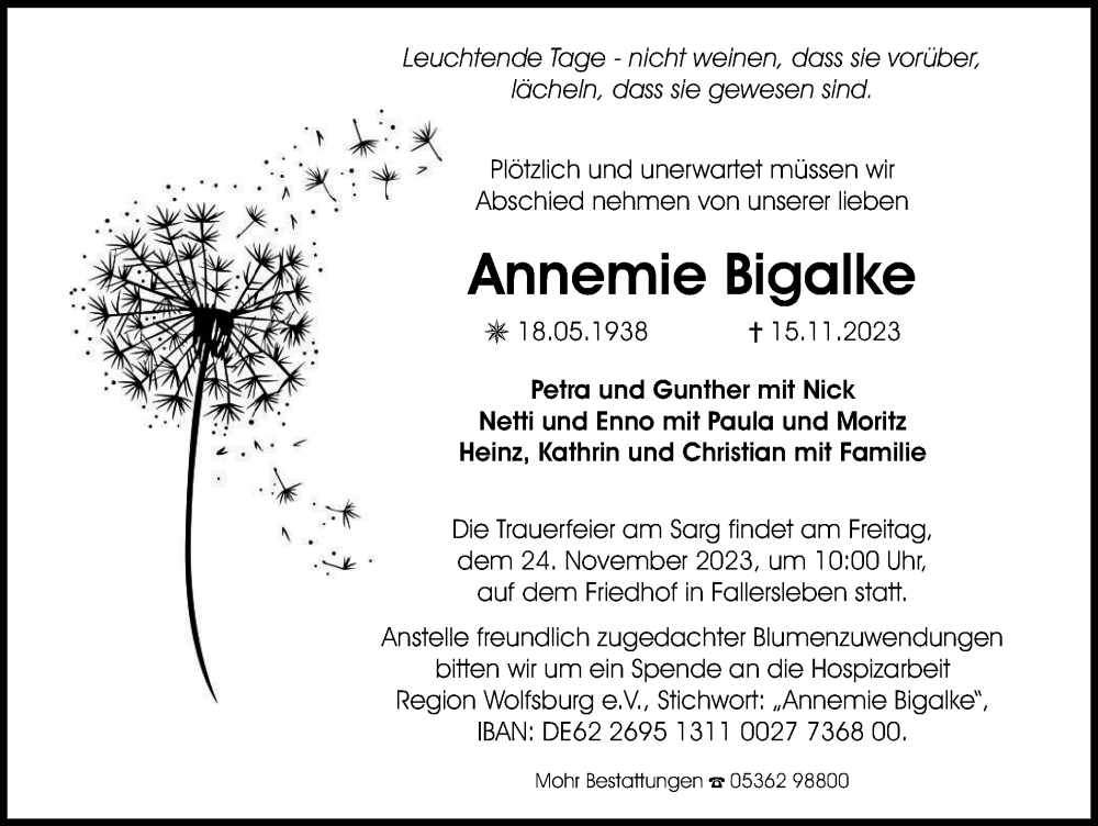  Traueranzeige für Annemie Bigalke vom 21.11.2023 aus Wolfsburger Nachrichten