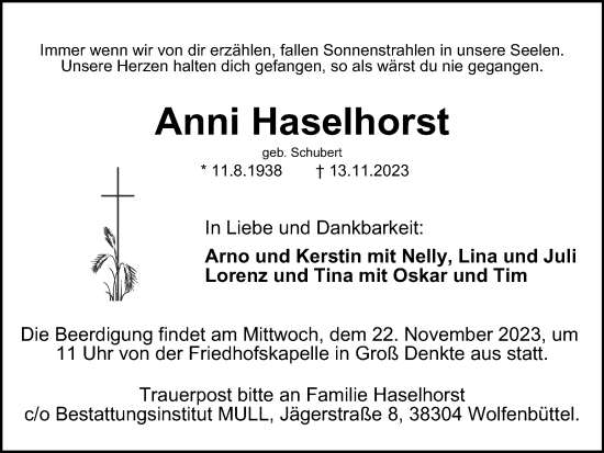 Traueranzeige von Anni Haselhorst von Wolfenbütteler Zeitung