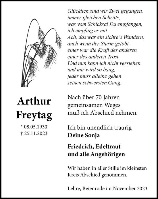 Traueranzeige von Arthur Freytag von Helmstedter Nachrichten