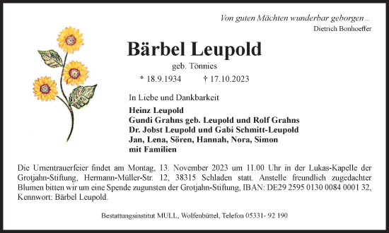 Traueranzeige von Bärbel Leupold von Wolfenbütteler Zeitung