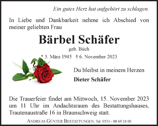 Traueranzeige von Bärbel Schäfer von Braunschweiger Zeitung