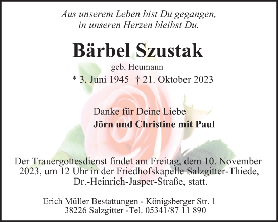 Traueranzeige von Bärbel Szustak von Braunschweiger Zeitung, Salzgitter-Zeitung