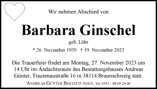 Traueranzeige von Barbara Ginschel von Braunschweiger Zeitung