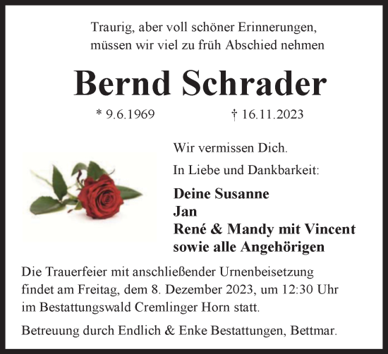 Traueranzeige von Bernd Schrader von Peiner Nachrichten