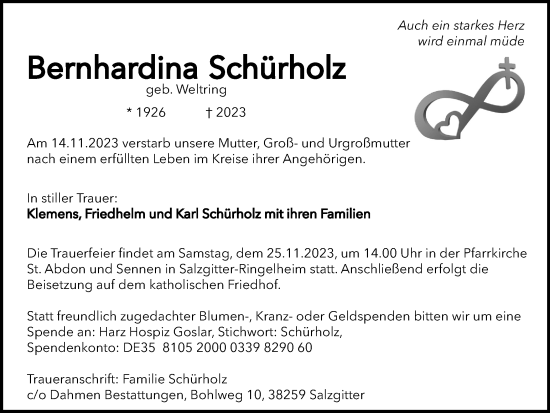 Traueranzeige von Bernhardina Schürholz von Salzgitter-Zeitung