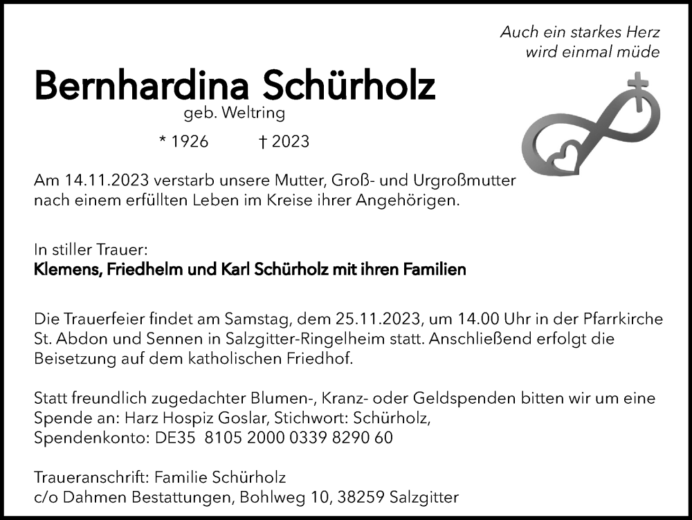  Traueranzeige für Bernhardina Schürholz vom 22.11.2023 aus Salzgitter-Zeitung