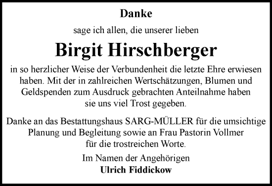Traueranzeige von Birgit Hirschberger von Braunschweiger Zeitung