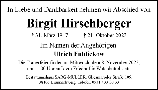 Traueranzeige von Birgit Hirschberger von Braunschweiger Zeitung