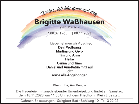 Traueranzeige von Brigitte Waßhausen von Salzgitter-Zeitung