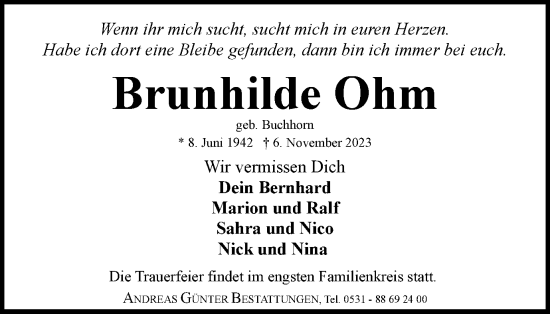 Traueranzeige von Brunhilde Ohm von Braunschweiger Zeitung