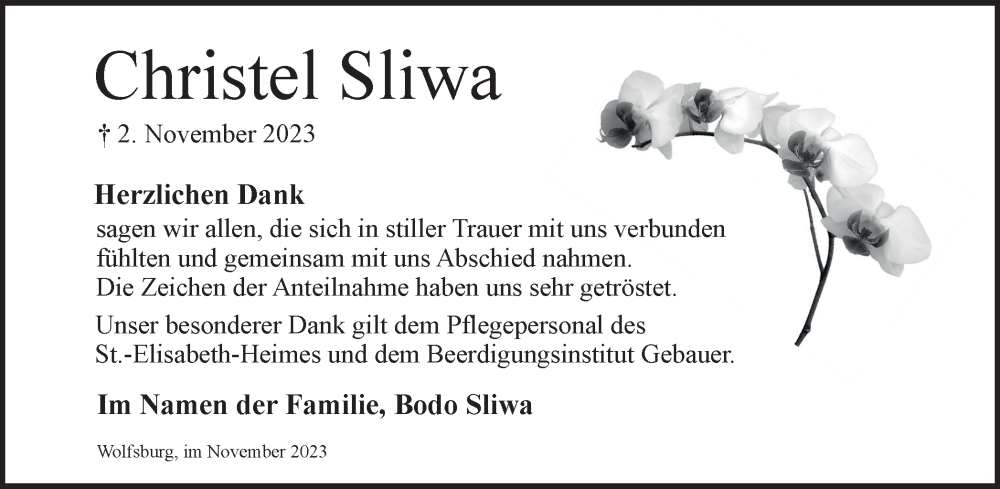  Traueranzeige für Christel Sliwa vom 21.11.2023 aus Wolfsburger Nachrichten