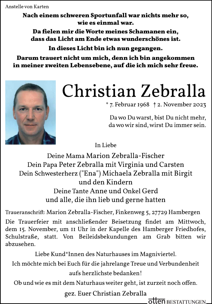  Traueranzeige für Christian Zebralla vom 11.11.2023 aus Braunschweiger Zeitung