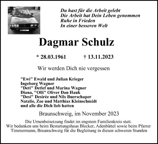 Traueranzeige von Dagmar Schulz von Braunschweiger Zeitung