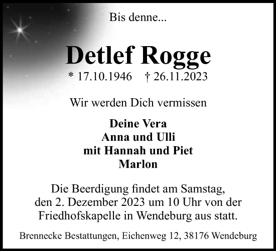 Traueranzeige von Detlef Rogge von Braunschweiger Zeitung