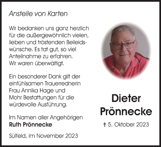Traueranzeige von Dieter Prönnecke von Wolfsburger Nachrichten